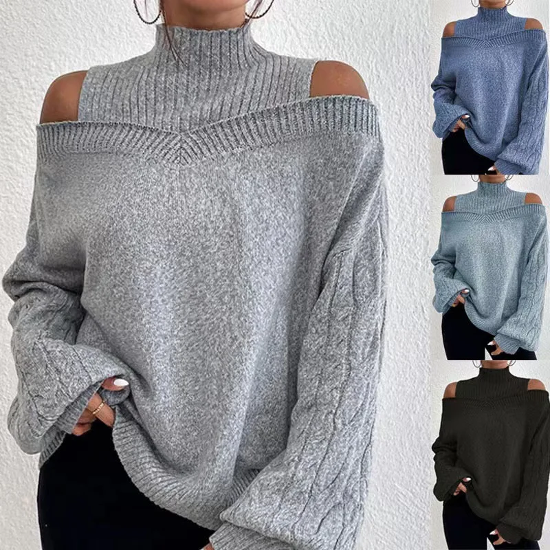 

European Style Fashion Sexy Off Shoulder Pullover Sweater Women Autumn Winter Half High Collar Lantern Sleeve Knitted Tops s852