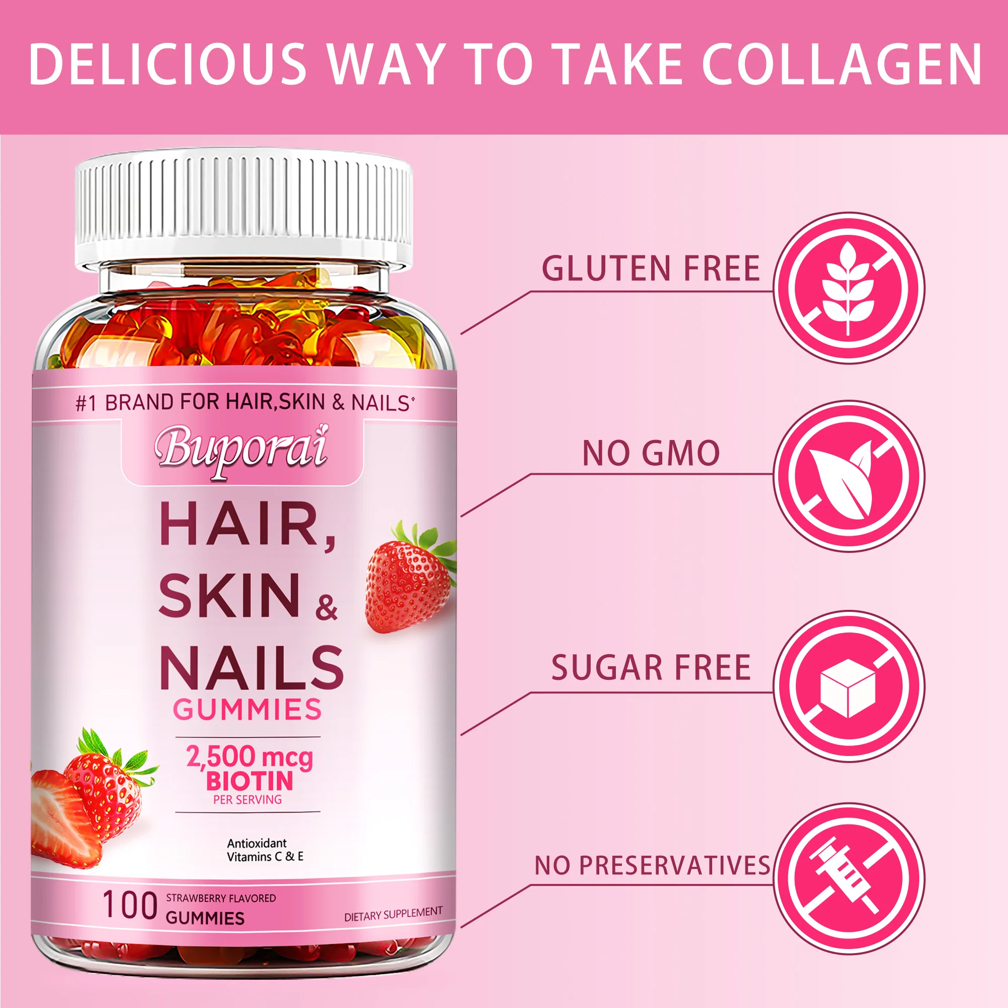 

Hair, Skin and Nails Gummies - Antioxidant, Brightens Skin, Boost Immunity, Supports Hair,Skin & Nails Health,Maintains Vitality
