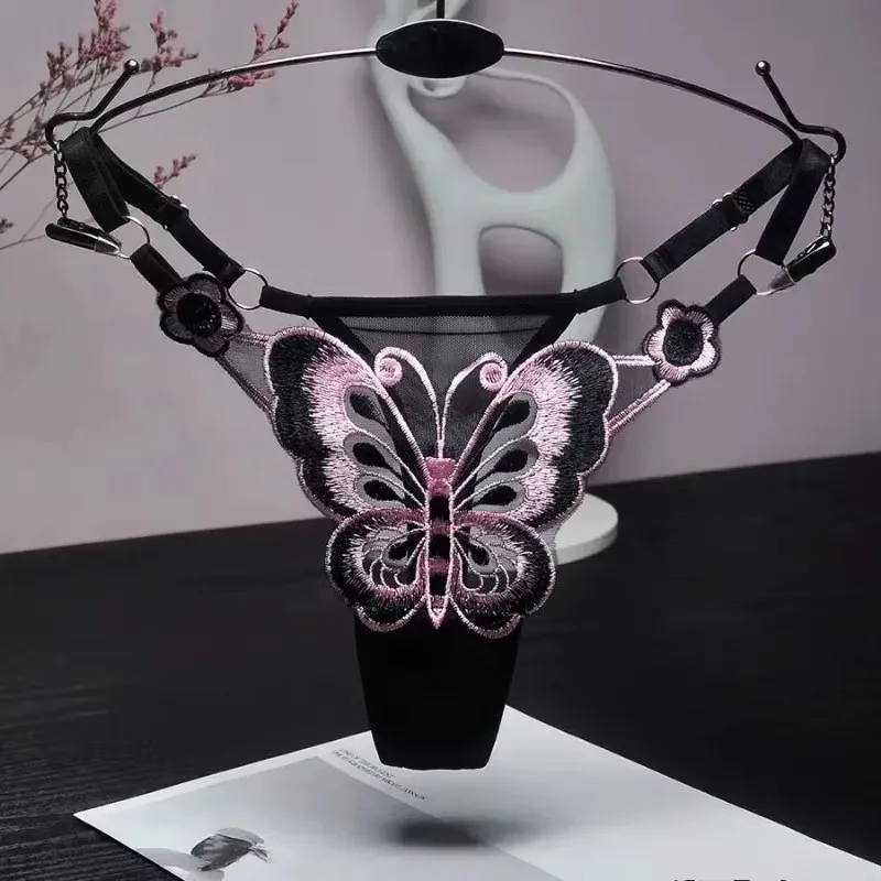 

Sexy Lace Thong Women Butterfly Low Waist Panties G strings Transparent Mesh Briefs Adjustable Waist Panties Culotte Femme