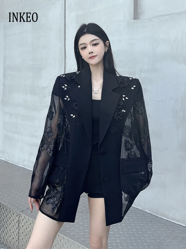 2025 Summer Women Design Sequined 3D floral blazer Oversize Black Luxury Patchwork see-through jacket Sexy Stylish INKEO 5O053