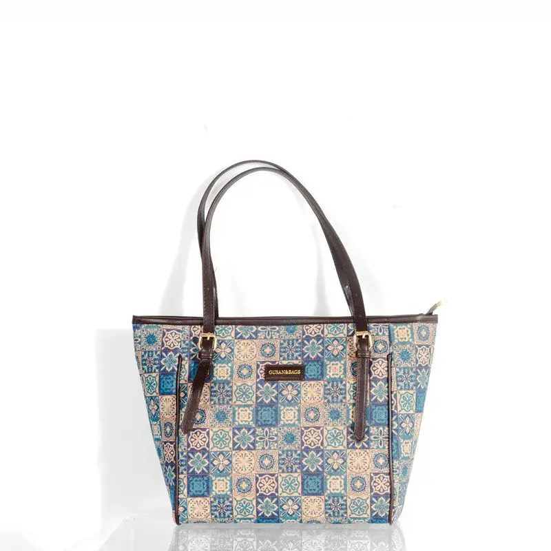 Retro Cork Treebark Print Handbag Women's Casual Large Capacity Tote Bag with Buckle Closure Soft Leather Ethnic Style Bag