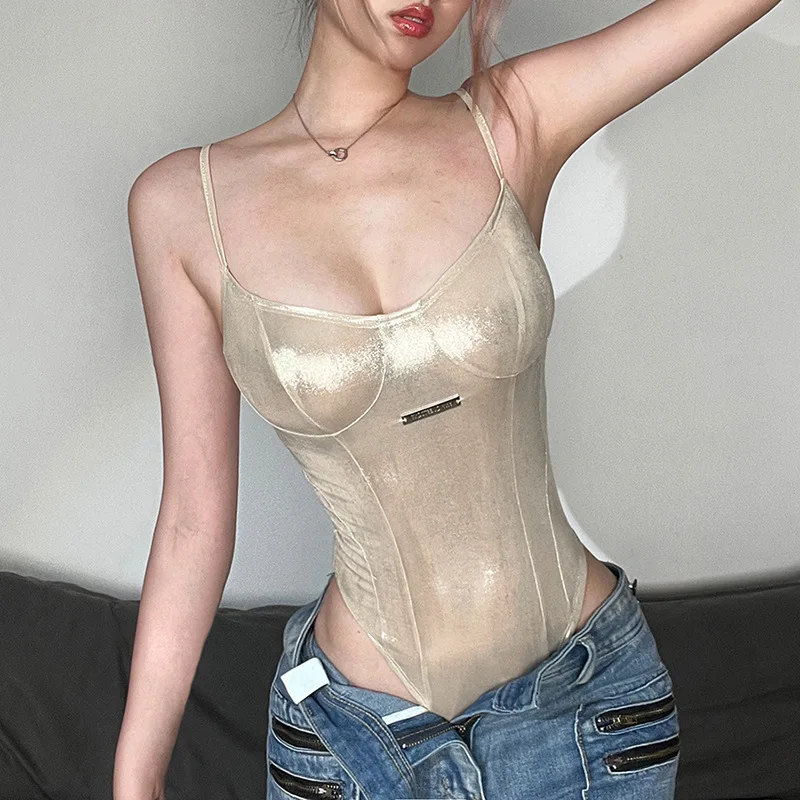 European-style new women's fashion top high waist stylish V-neck sleeveless reflective one-piece garment suitable summer fashion