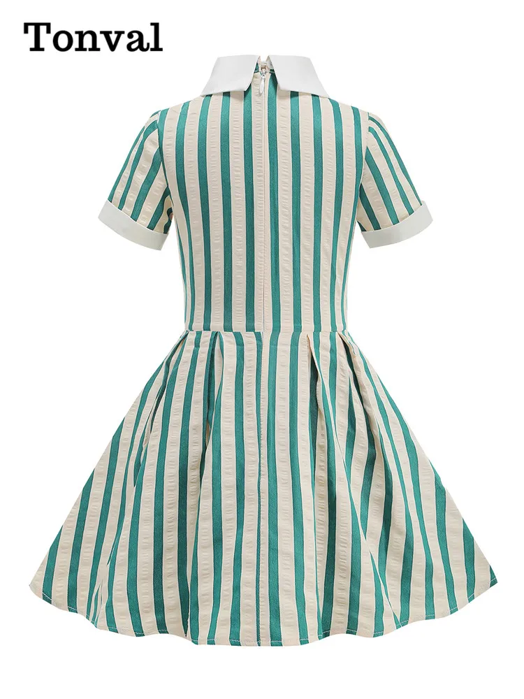 Tonval Peter-Pan Collar Buttons Front Striped Dress for Girls Vintage Style Kids Clothes Summer Party Elegant Pleated Dresses