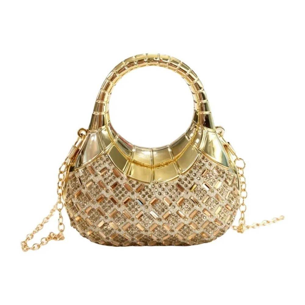 Crystal Embellished Crescent Evening Clutch Geometric Pattern High-shine Finish Rhinestone Box Purse Magnetic Buckle
