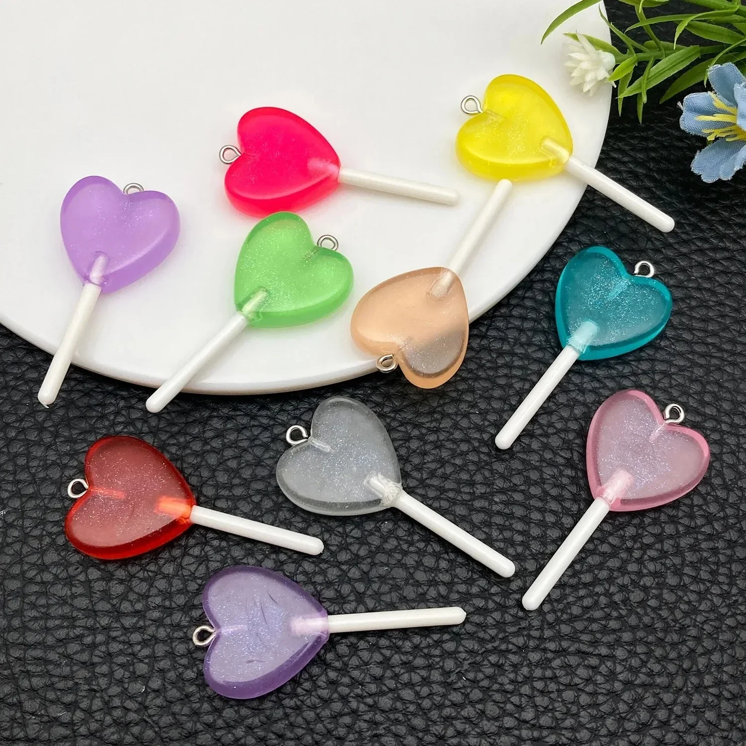 10Pcs Kawaii Heart Shape Lollipop Resin Charms Simulation Sweet Candy Pendants DIY Findings For Ladies Dainty Jewelry Craft