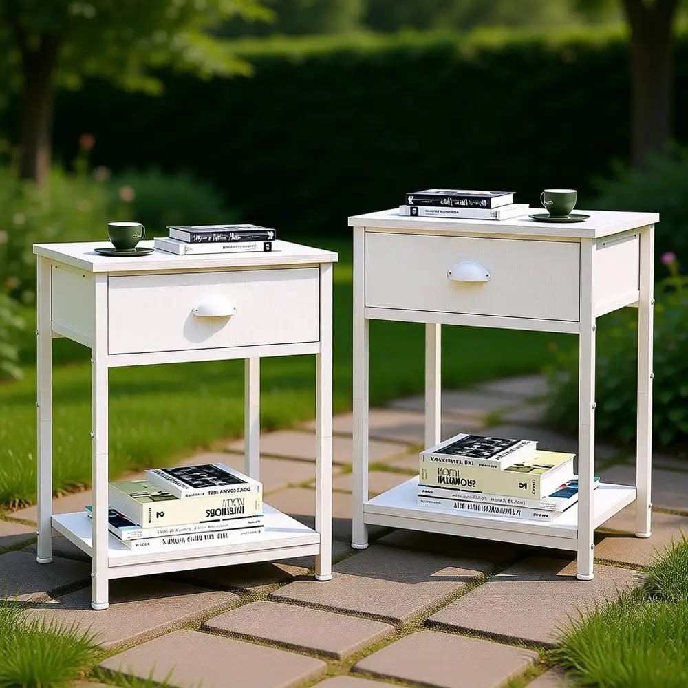 

Пара белых прикроватных тумбочек, тканевые ящики, компактные приставные столики для небольших помещений, 2-уровневые полки для хранения, подходят для спальни, L