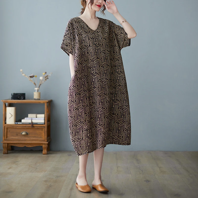 Retro bawełniana lniana spódnica z nadrukiem, duży rozmiar, damska, dekolt w serek, luźna, długa, codzienna, letnia, wygodna, plus size.