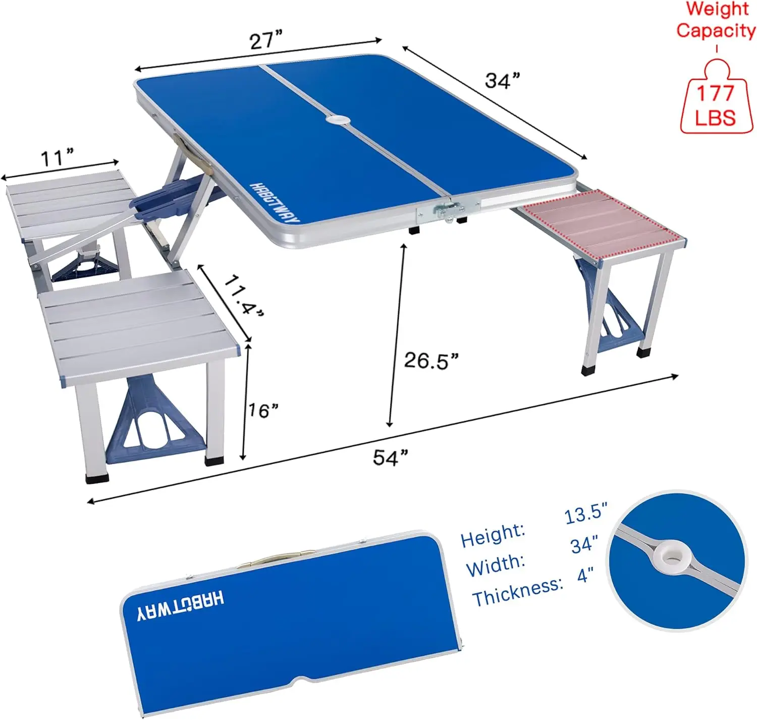 HABUTWAY Portable Folding Picnic Table and Chairs Aluminum Camping Suitcase Table with Umbrella Hole Siamese Table with 4 Seats