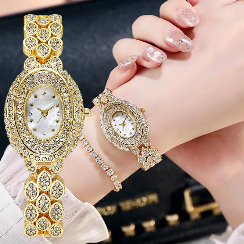 นาฬิกาควอตซ์ของผู้หญิงนาฬิกาข้อมือเพชรเต็มรูปวงรีนาฬิกาข้อมือโลหะผสมนาฬิกาลำลองและแฟชั่น