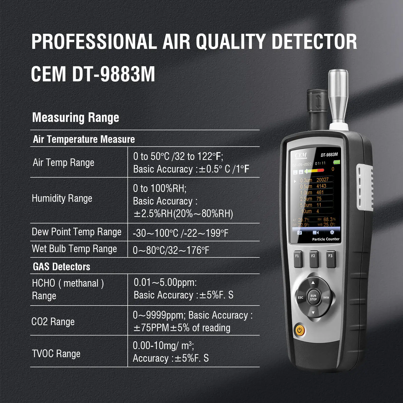 عدادات جزيئات قياس شدة الريح بالليزر المتقدمة CEM DT-9880M DT-9881M DT-9883M نطاق التشغيل من 0 إلى 50 ℃   أوضاع العد المتعددة