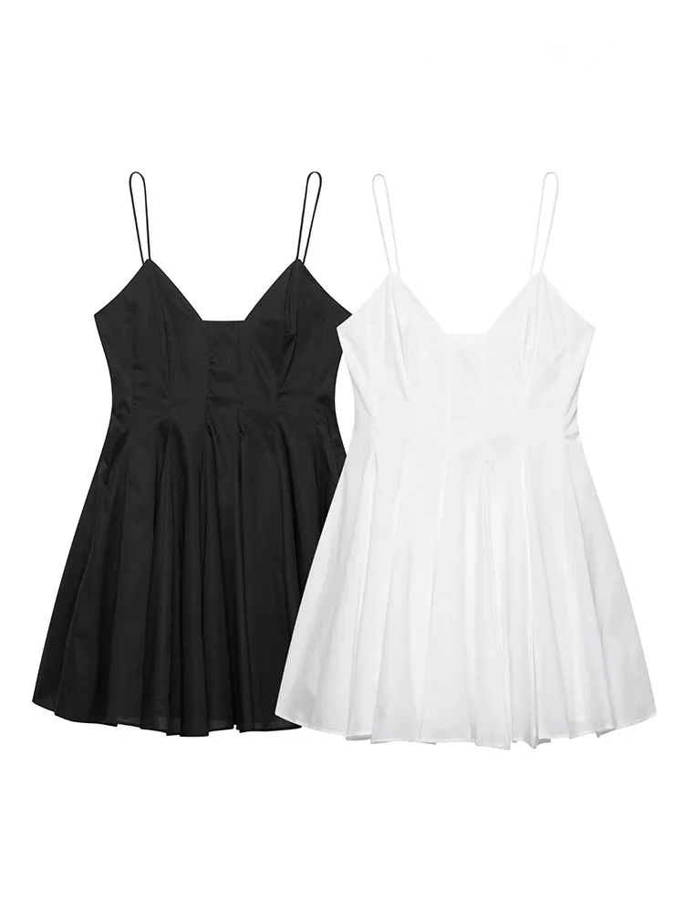 เดรสแฟชั่นฤดูร้อนสำหรับผู้หญิง คอวี สายเดี่ยว ผ้าป๊อปลินสีพื้น เดรสสั้นทรงวินเทจ จีบรูดข้าง ซิปด้านข้าง รุ่นปี 2025