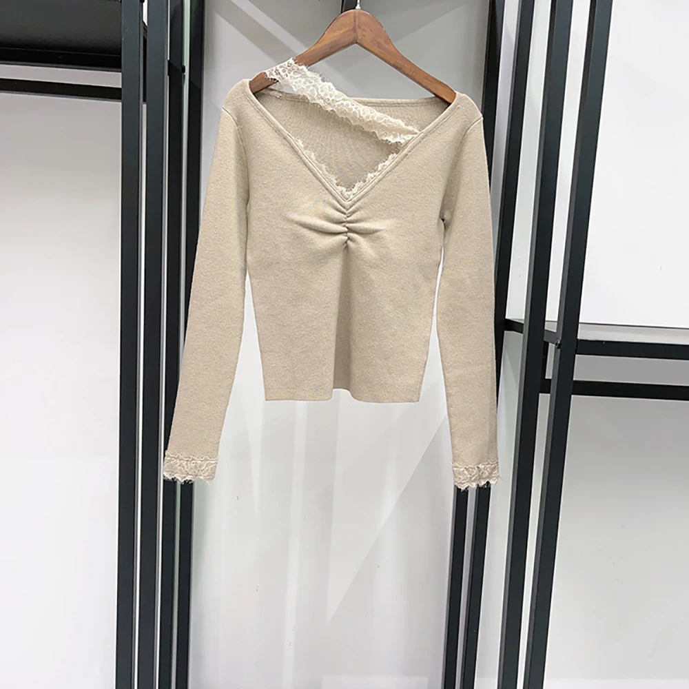 Women Wool Blend Long Sleeve T-shirt, Asymmetrical Lace Strap V Neck Knit Top, Ruched Front Lace Cuff Elegant Casual Ladies Tee