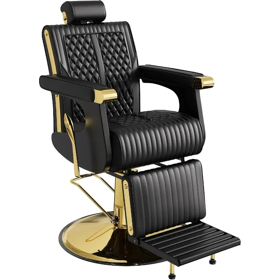 Black and Gold Reclining Barber Chair, 440 lb Hydraulic Barber Chair with 22.83