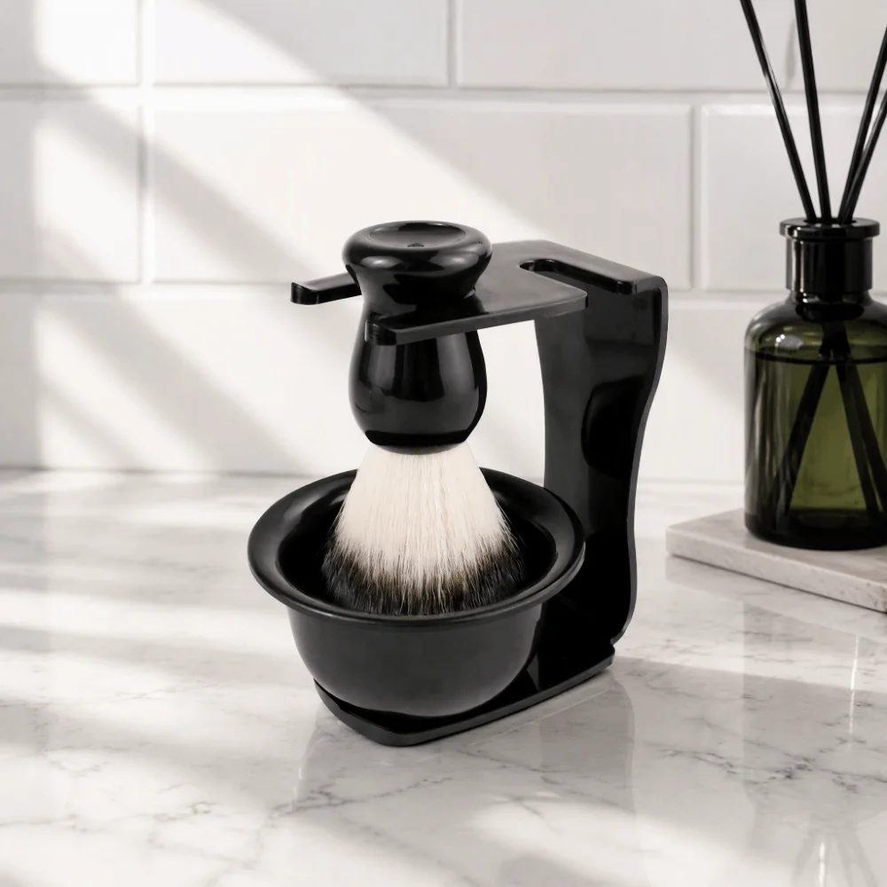 3PCS Nylon Bristle Shaving Brush Set 2-in-1 Design Black Shaving Brush Stand Brush Holder Lathering Bowl Beard Shaving Tool