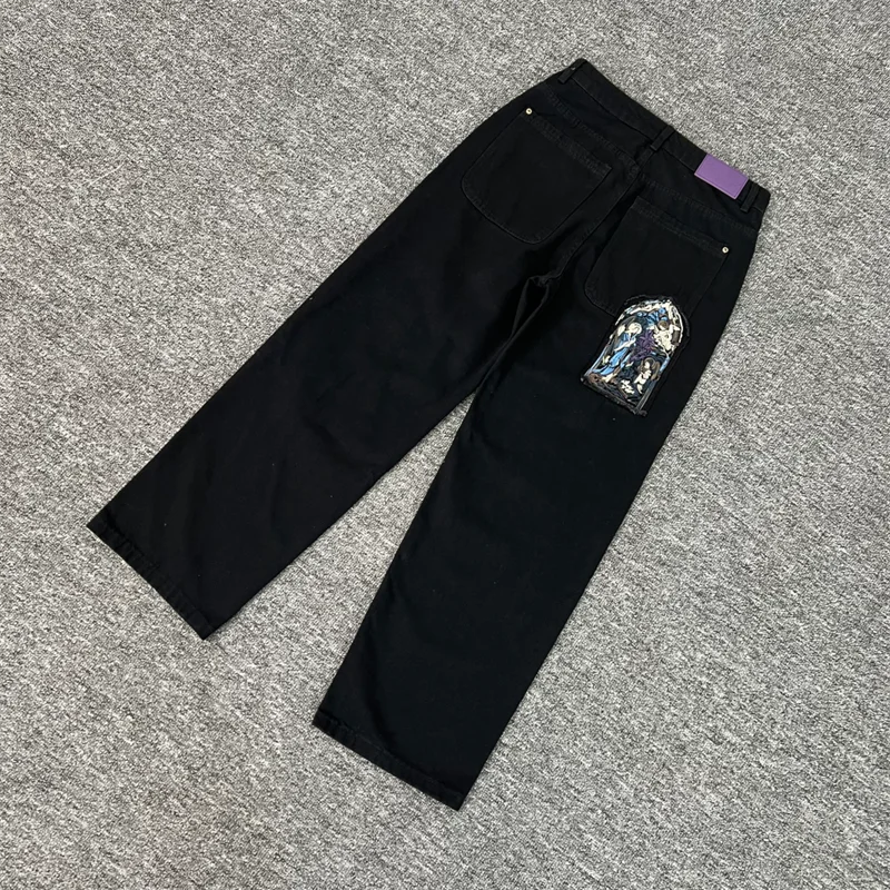 

Retro Washed Black Zipper Jeans Derschutze Premium Quality Patterned Embroidery Men Women Relaxed Straight-Leg Jeans