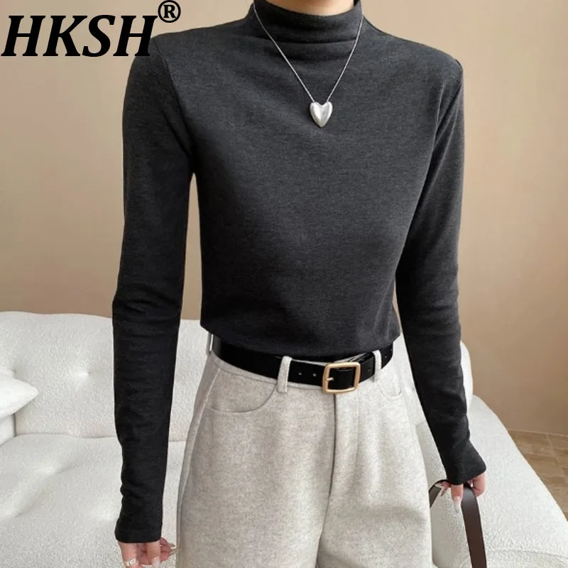 

HKSH Autumn Winter New Women T-shirt Solid Color Long Sleeves Half Turtleneck Basic Tee Elegant Fashion Casual Tide Tops HK16403