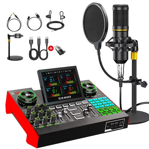Tenlamp G10 BM800 Podcast Microphone Bundle Live Sound Card Audio Mixer, 5 Channel 48V Phantom Power DJ Sound Board Kit for PC Smartphone Gaming Streaming Singing Karaoke Stage YouTube Vlog Recording Studio