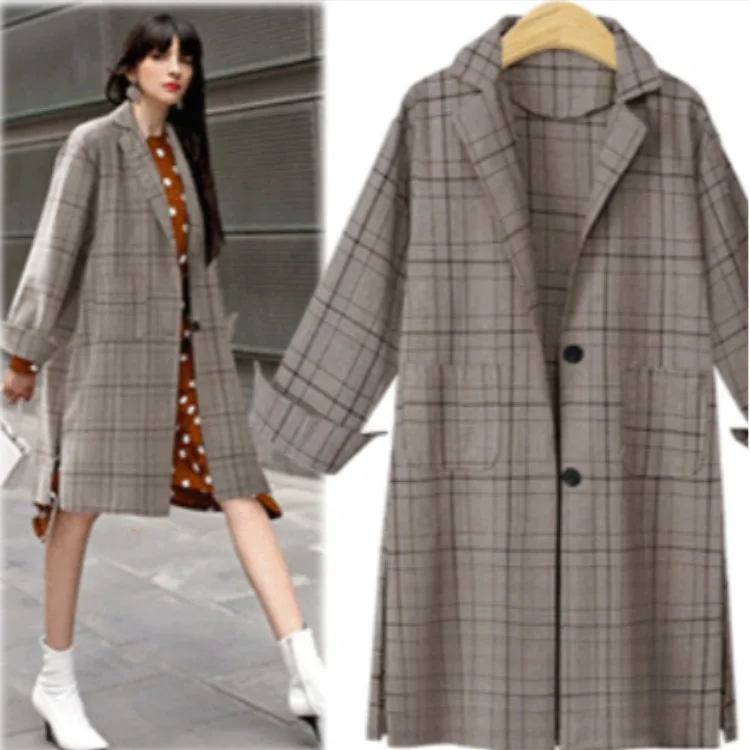 2024European and American Style Foreign Trade Clothing Coat  New Spring Clothing Age-reducing All-match Plaid Long Trench Coat
