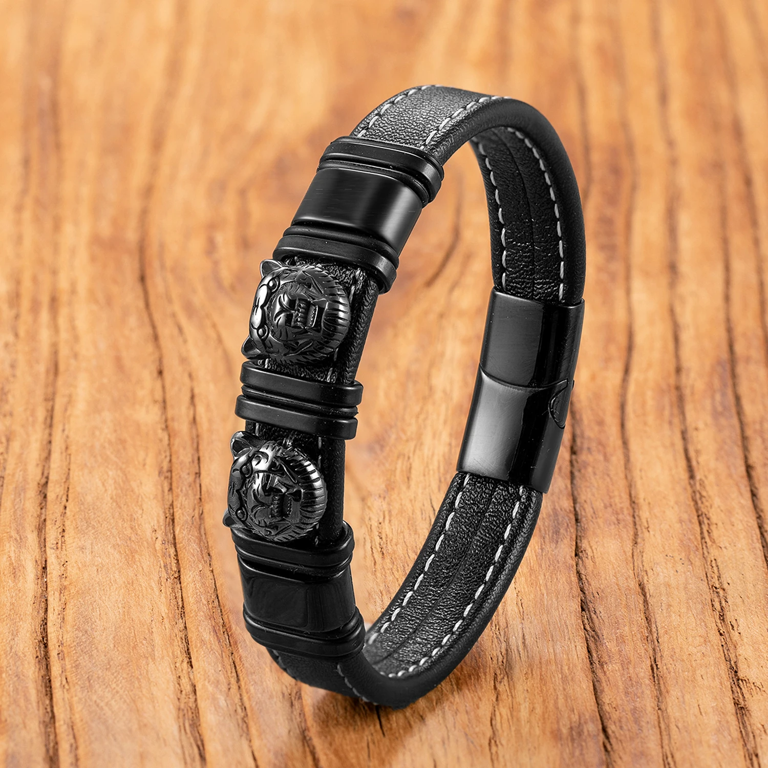 Edelstahlarmband mit Lederband, Unisex-Schmuck für Männer und Frauen, Alltagstaugliches Casual-Boho-Stil-Geschenk – Detail 6