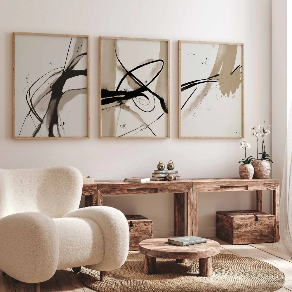 3pcs  frameless Modern Minimal Neutral Gallery Wall Art Poster Black Beige Abstract Art Farmhouse Decor Bedroom Wall Art Living