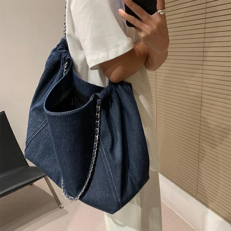 Women Denim Bag High-Capacity Casual Tote Bag Cotton Zipper SOFT Simple Solid Shoulder Bags Handbags Shopping Bag