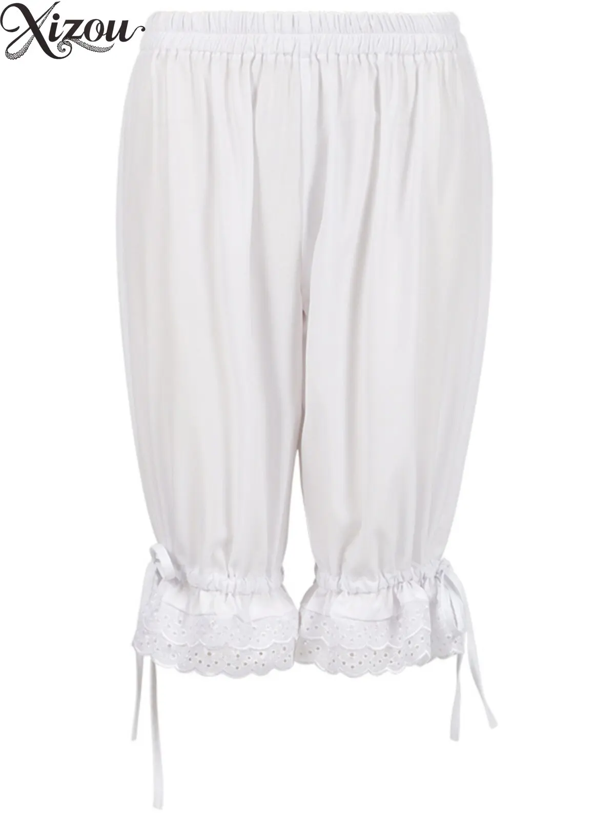 Women White Mid Length Lolita Bloomers Elastic Waist Lace Ruffle Bow Tie Lantern Pumpkin Pants Victorian Medieval Vintage Bottom