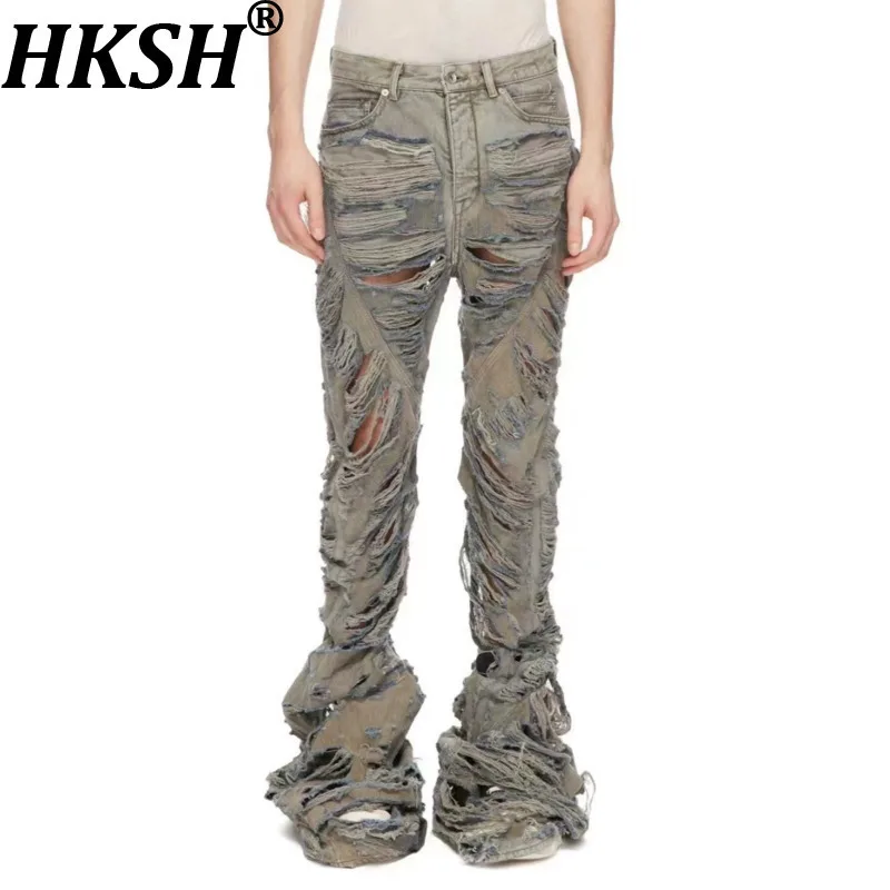 

HKSH Spring New Man Tide Double Stitch Holes Ripped Distressed Wide Leg Vintage Denim Pants Frayed Hem Flared High Waist HK10421