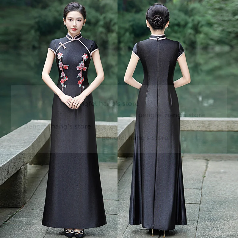 

Модный показ Cheongsam 2025, новое платье в китайском стиле, платье Ципао с вышивкой и цветком, элегантное сценическое очаровательное платье, Vestidos Robe