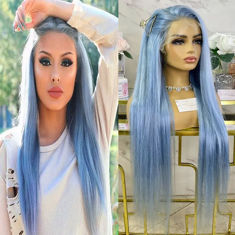 

Sky Blue Silky Straight Synthetic 13*4 Lace Front Wigs High Quality Heat Resistant Fiber Hair Natural Hairline For Fashion Women