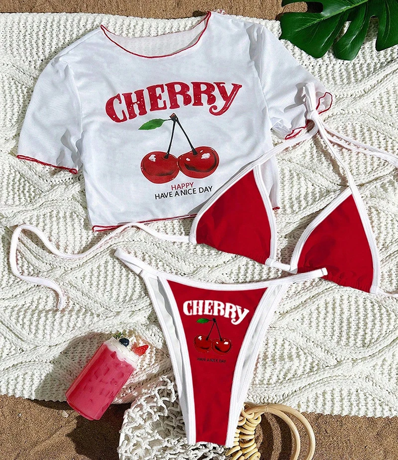 

Сексуальные стринги-бикини 2026, женские бикини с вишневым принтом, с коротким рукавом, разделенный купальный костюм из трех частей, летний купальник на шнуровке, пляжная одежда