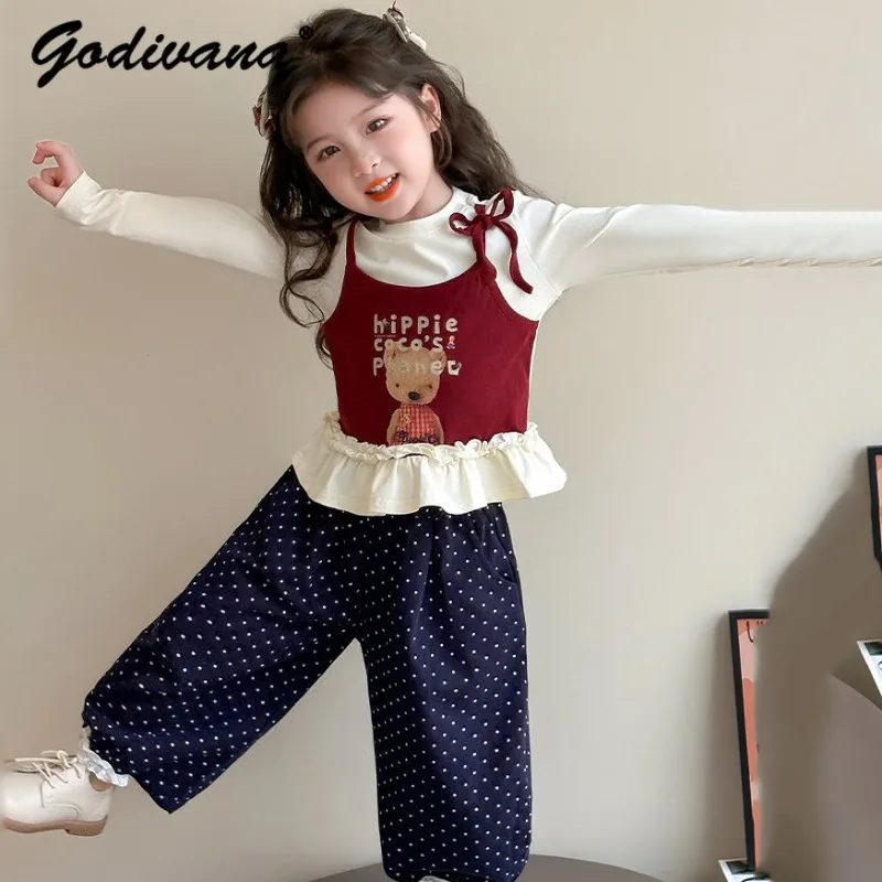 Little Girls' Sweet Outfits Spring and Autumn Fashion Ruffle-trimmed Bear Print Under Shirt Polka Dot Wide-leg Pants Kids Sets