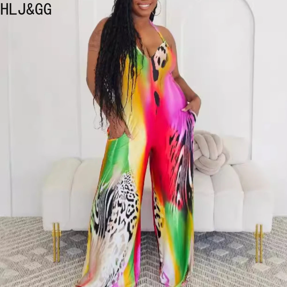 

HLJ&GG Multicolour Sexy Halter Pocket Wide Leg Pants One Pieces Jumpsuit Women Sleeveless Backless Loose Playsuit Female Overall