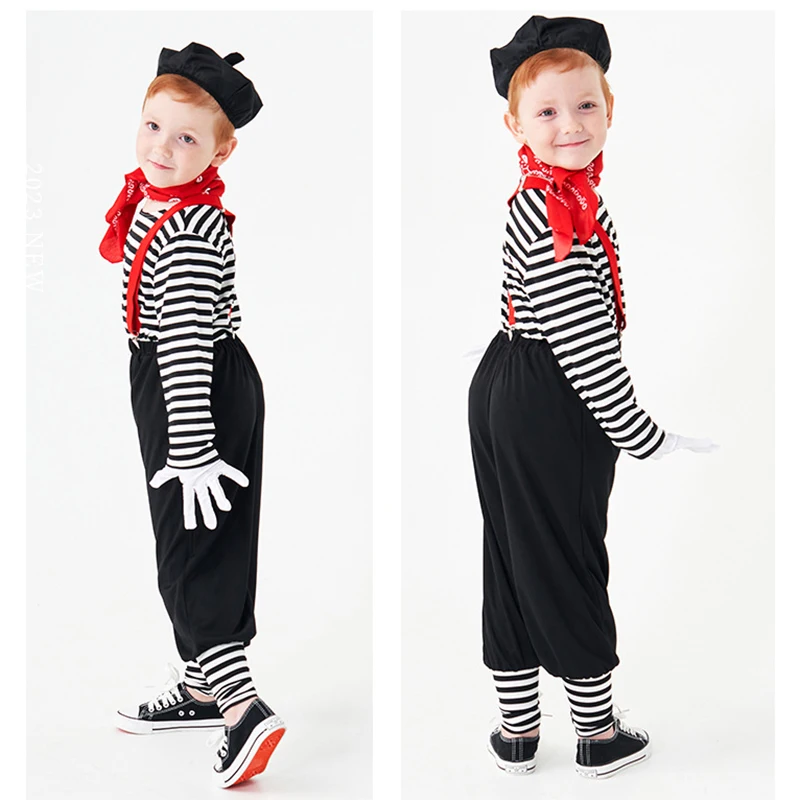 Umorden Unisex Child Kids Silent Actor Mime Artist Costume Black White French Mimic Clown Halloween Fancy Dress for Girls Boys