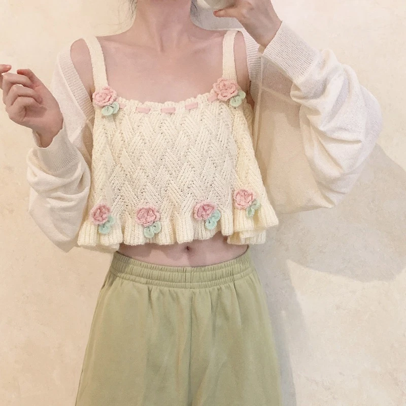 Short Sweater Vests Women Floral Sweet Lovely Embroidery Knitted Spring Summer Tops All-match Loose Female Chic Park Gentle Ins