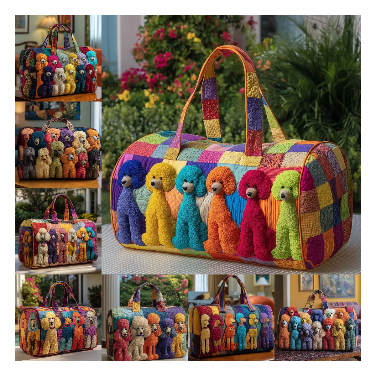 

Men's Quilted Duffle Bag Funny Poodle Dog Colorful Print Travel Tote Outdoor HandBag Women Casual Weekender Bags