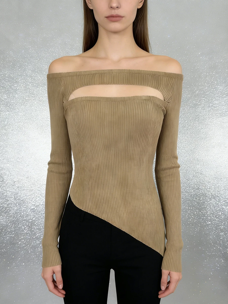 TWOTWINSTYLE Solid Slimming Irregular Sweaters for Women Slash Neck Long Sleeves Hollow Out Minimalist Sweater Female Clothing