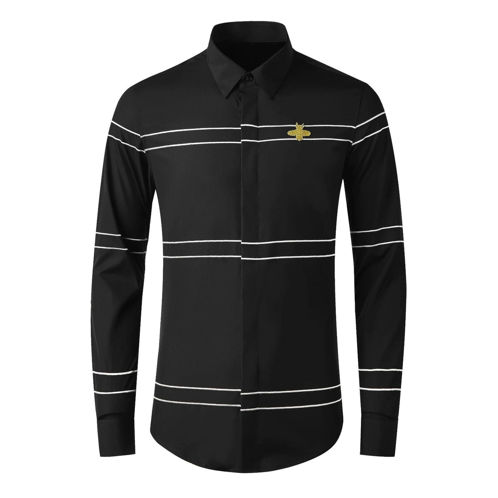 

Brand Striped Bee Embroidered Shirt Men Long Sleeve Slim Fit Cotton Casual Shirts High-quality Banquet Party Men Clothing M-4XL