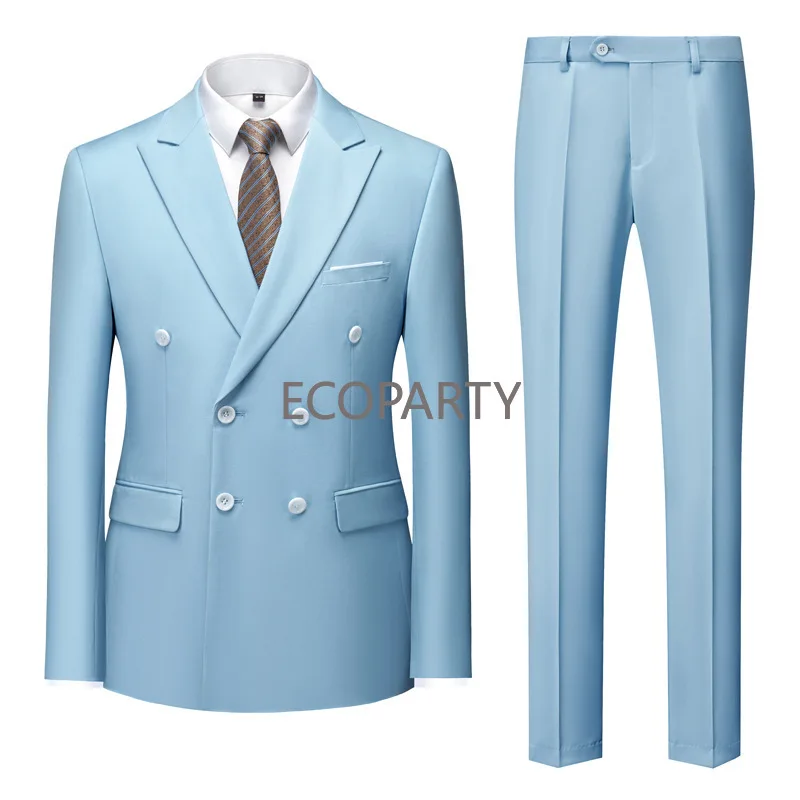 

New Fashion Men's Casual Boutique Double Breasted Suit Trousers /Man's Business Suit Jacket Blazers Coat Pants 2Pcs Set Ecoparty