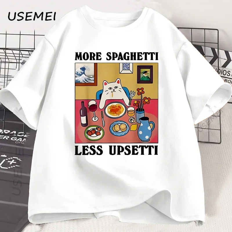 

More Spaghetti Less Upsetti Funny Cat T-Shirt Men Women Printed T Shirt Harajuku O Neck Cotton Short Sleeve Tee Shirt Cat Lover