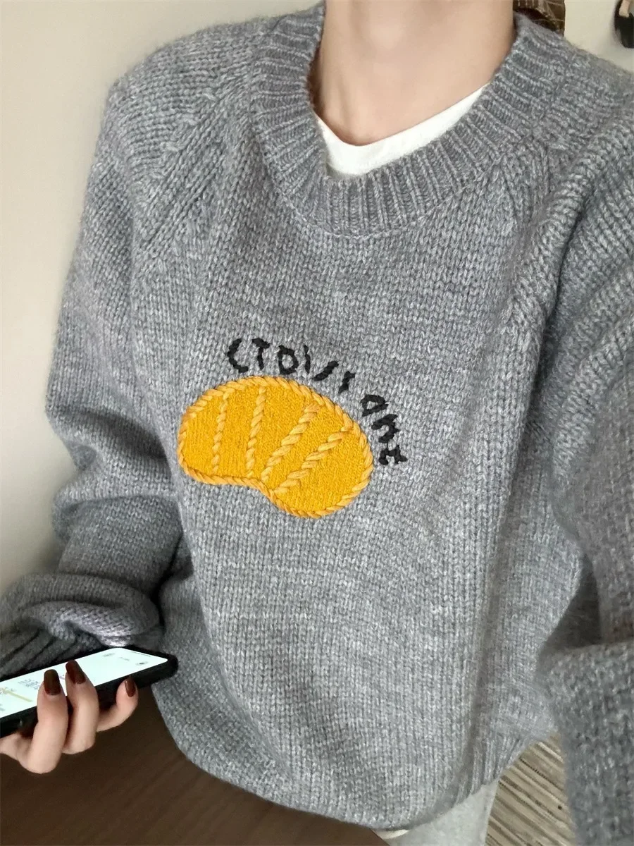 

Letter Embroidery O-neck Pullovers Knitwear Fashion Casual Women Loose Knit Sweater 2025 Korean Style Women's Winter Clothing