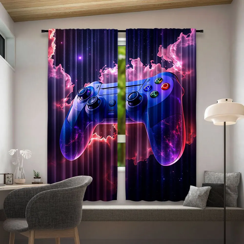 Cyberpunk Gaming Curtain Blue Red Controller Window Curtains Galaxy Decor Neon Streamer Video Game Room Drapes Curtain Backdrop