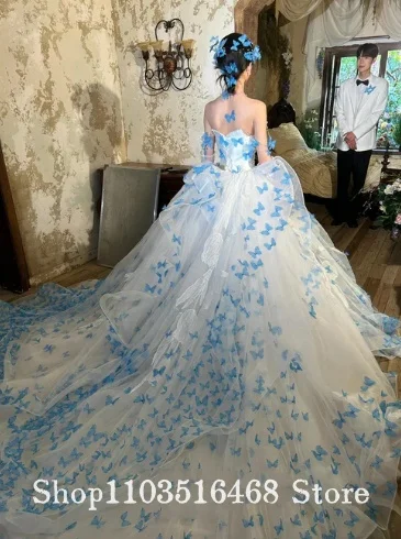 Custom Wedding Dress Blue Butterfly Decoration Fantasy Bridal Gowns Long Tail Fantasy Wedding Plunge Corset Corset Chiffon Yarn