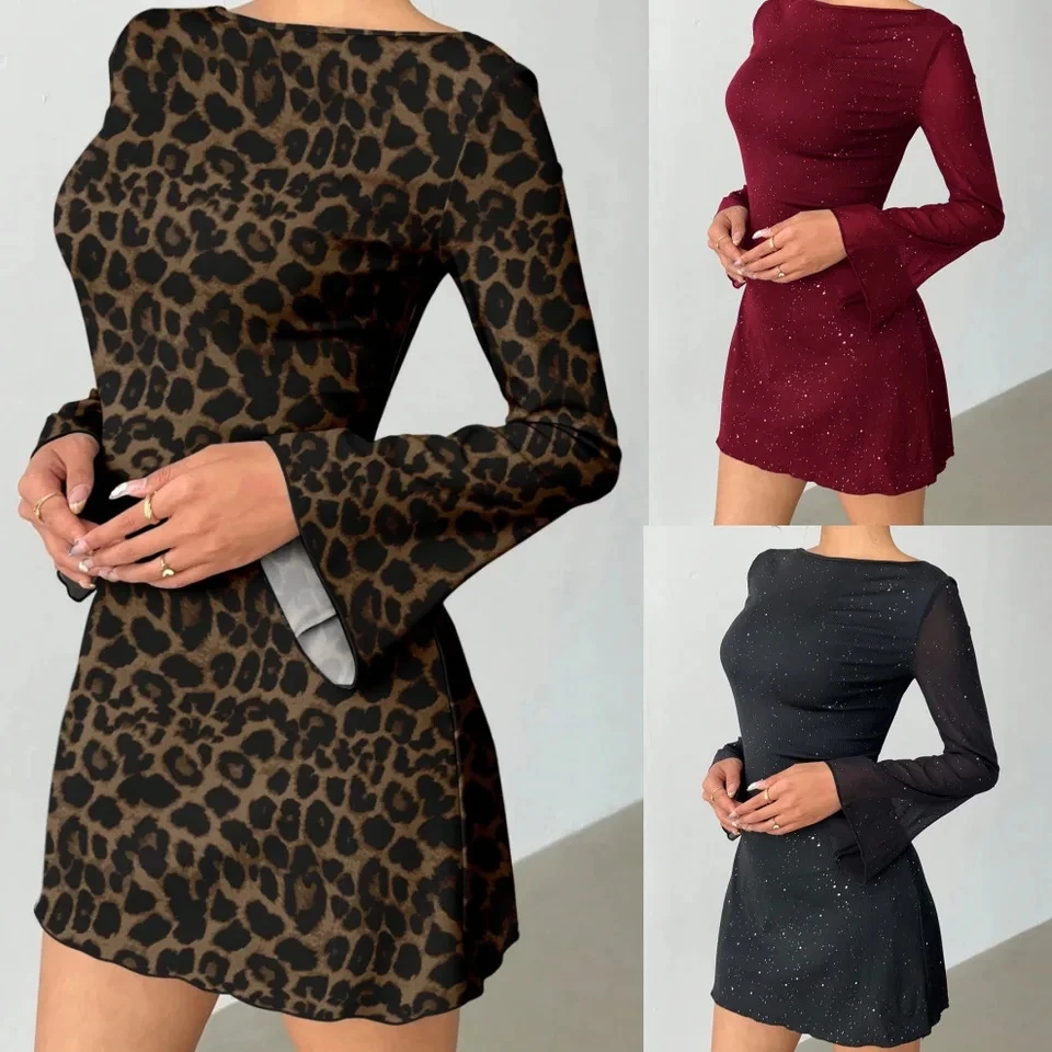 

2026 Spring New Women Fashion Elegant Dsein Backless Tied Long Sleeve Sexy Round Neck Dress