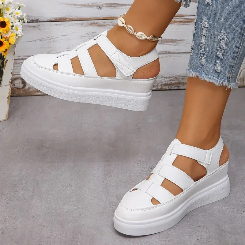 Sandals for Woman 2024 New Wedges Heels Platform Sandals Women Hollow Out Leather Gladiator Summer Thick Sole Sandalias Mujer