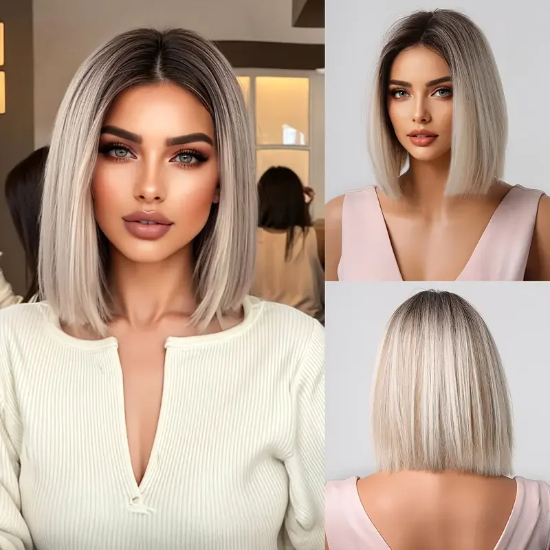 

Testar модные серые коричневые градиентные прямые синтетические короткие парики гладкие блестящие модные повседневные парики для вечеринок для женщин