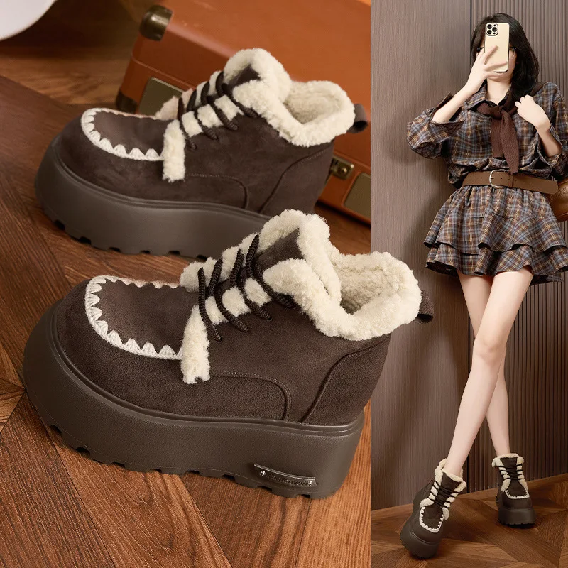 Fujin 10 سنتيمتر 3 بوصة منصة الأحذية جلد طبيعي الجلد المدبوغ الثلوج الأحذية الكاحل الحرارية الدافئة معزول أحذية الشتاء مريحة النساء