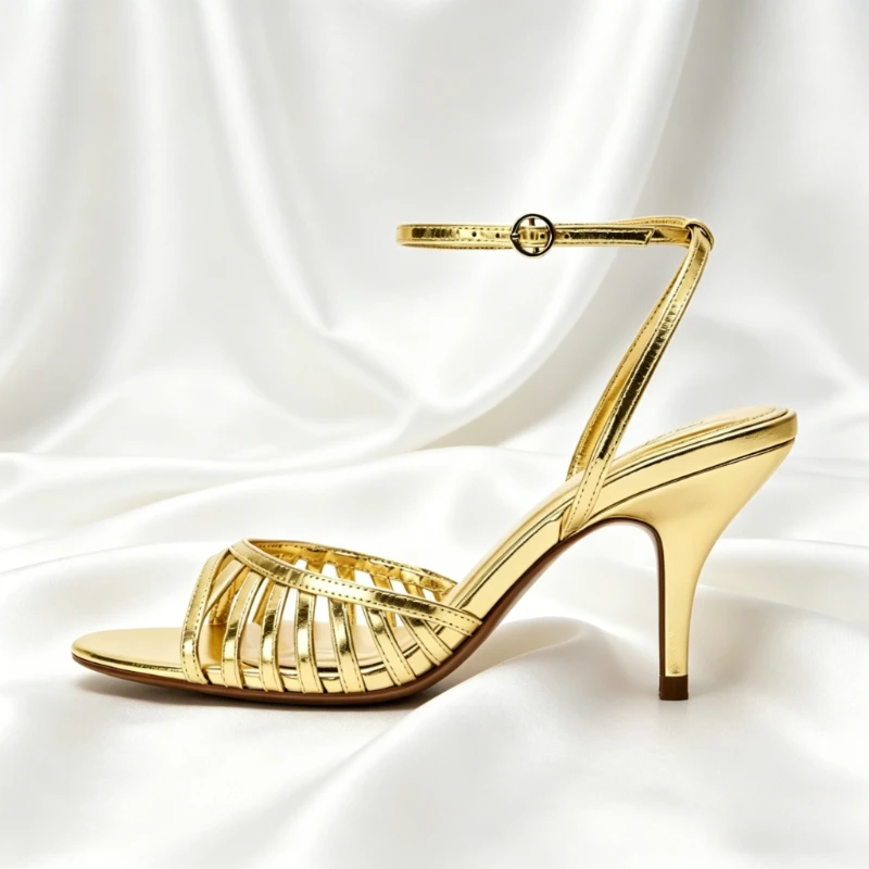 Sexy Gold Ankle Strap Heeled Sandals Women 2026 Summer Round Toe Hollow Design Luxury Heels for Ladies Elegant Party Dress Shoes view 4