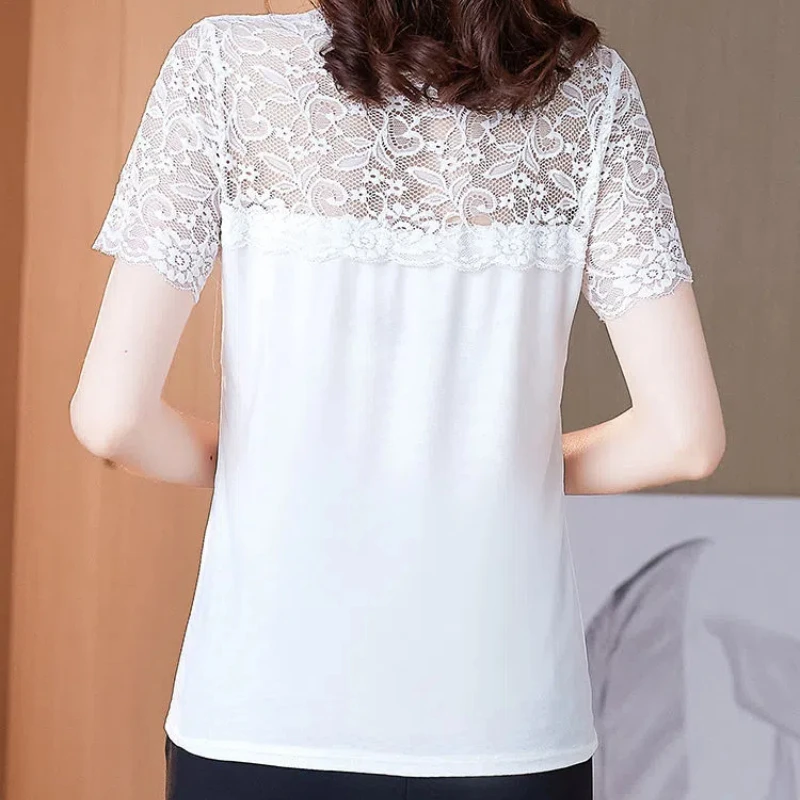 New Summer Women's Solid Colors V-Neck Short Sleeve Spliced Lace Loose Thin Temperament Pullovers Fashion Chic Comfortable Tops