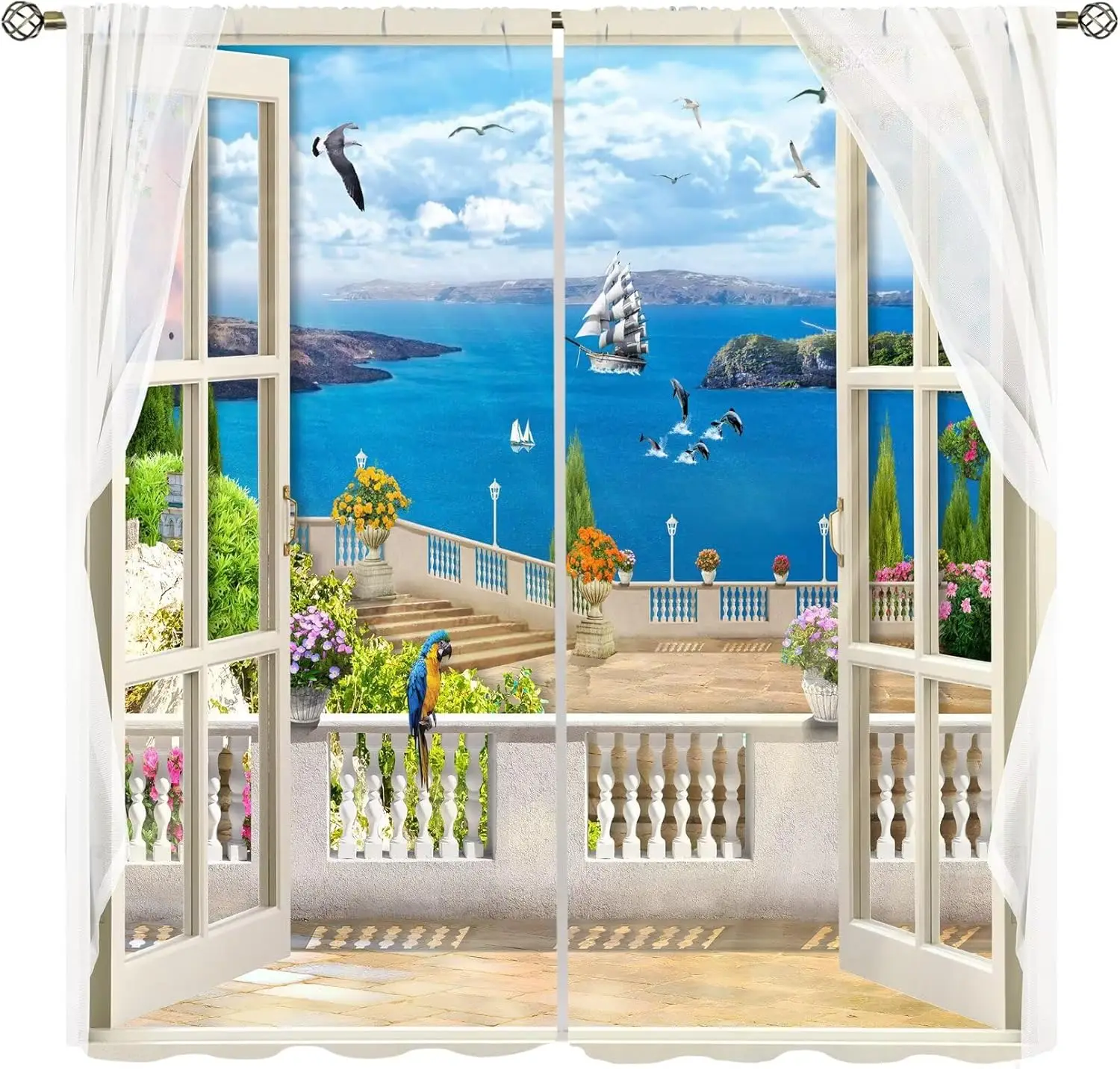 Natural Scenery Blackout Curtains, 3D Hawaiian Tropical Beach Ocean Scenery Printed Pattern Curtains Suitable for Home Bedroom
