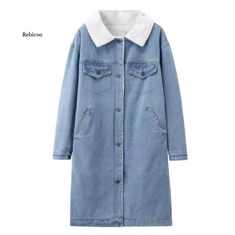 Autumn Winter Plus Velvet Denim Jacket Womens Casual Loose Jeans Coats With Fur Collar Female Long Thick Warm Cotton Parka Coat